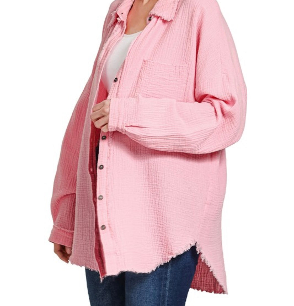 Relaxed Raw Hem Gauze Button-Up