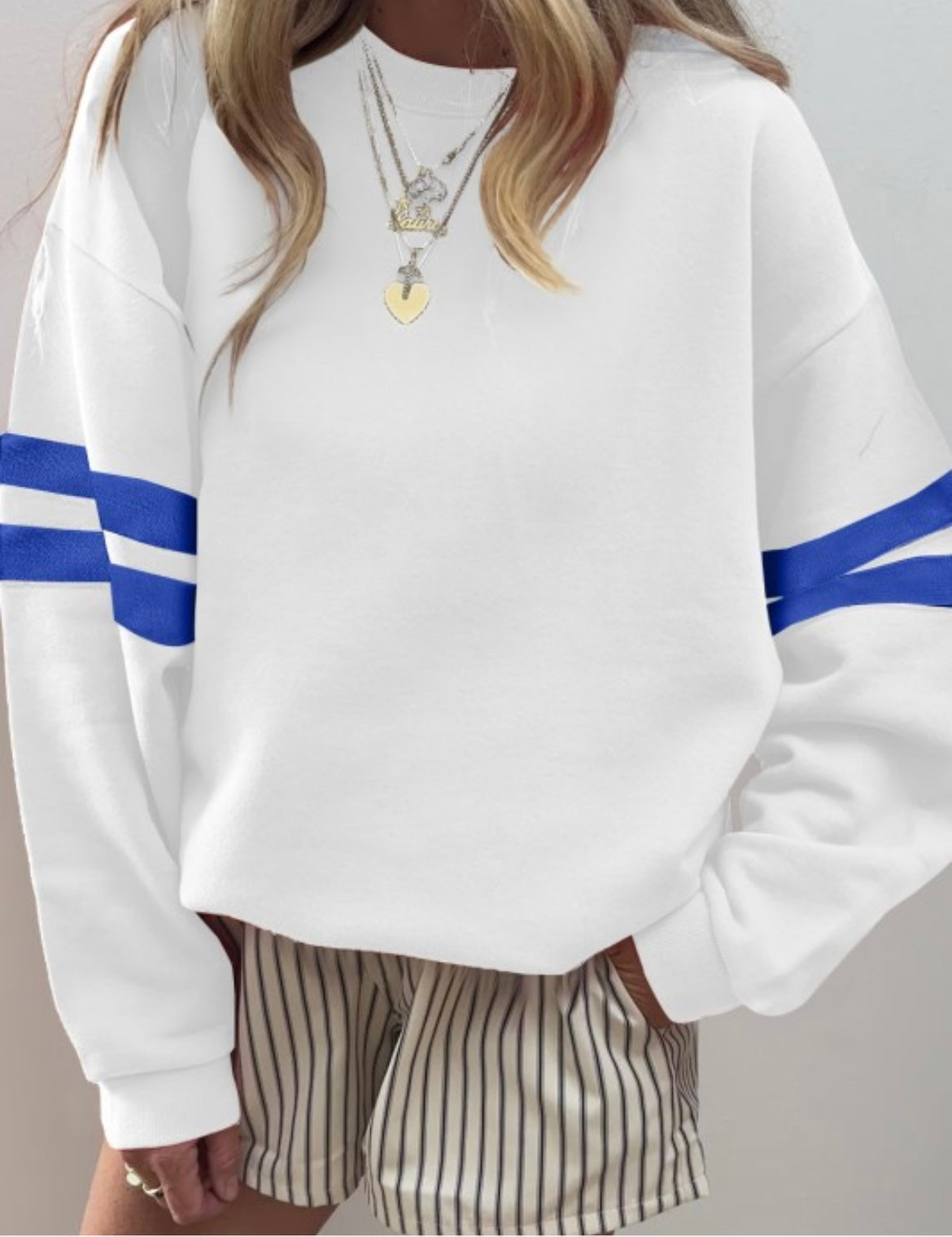 White varsity striped sweatshirt
