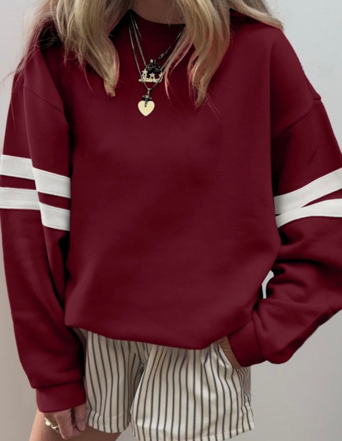 Maroon varsity striped sweatshirt
