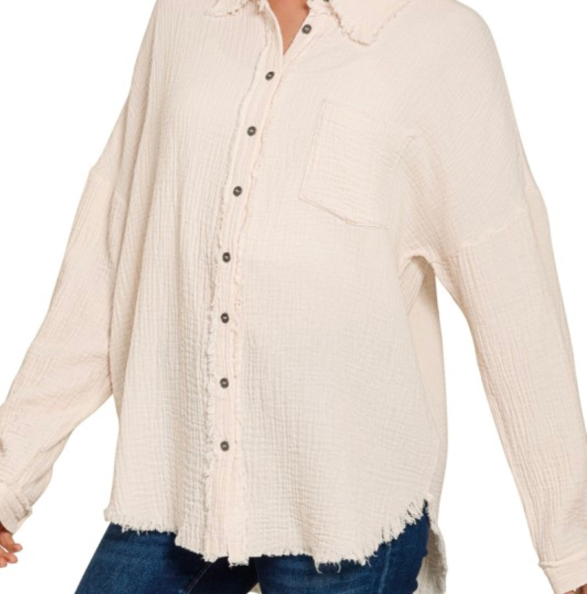 Relaxed Raw Hem Gauze Button-Up