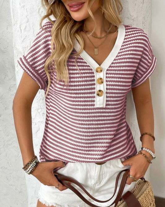 V-Neck striped short sleeve top