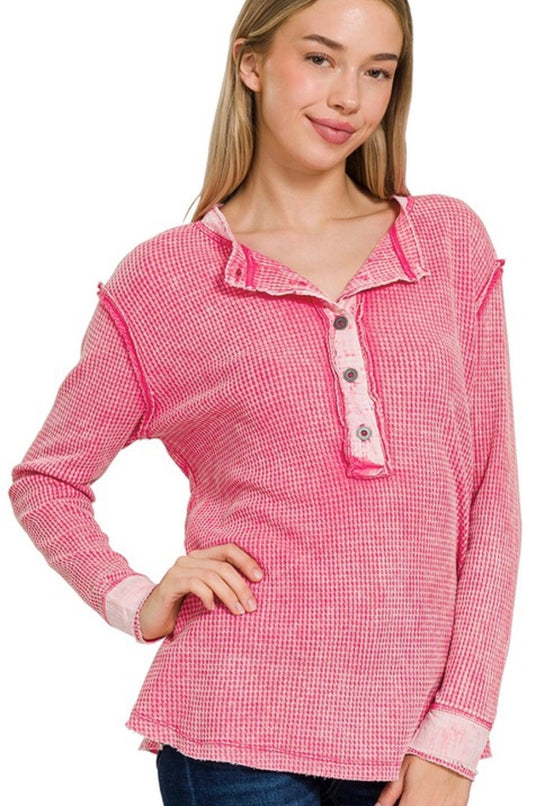 Pink washed baby waffle Henley top