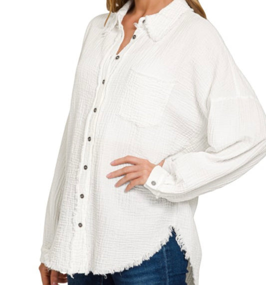 Relaxed Raw Hem Gauze Button-Up