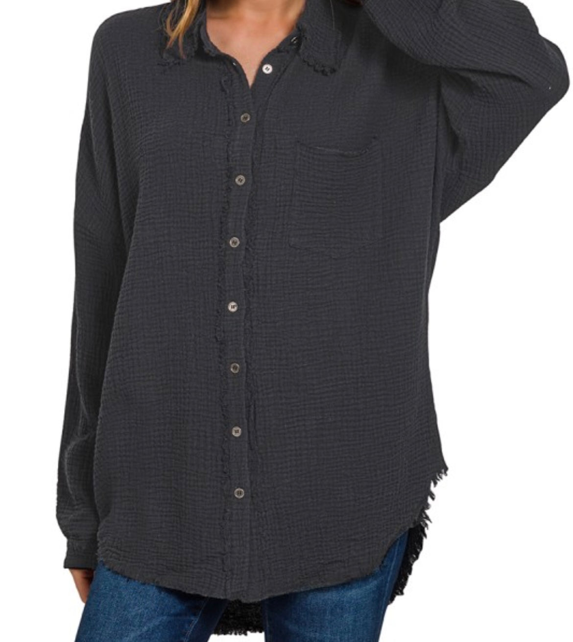 Relaxed Raw Hem Gauze Button-Up
