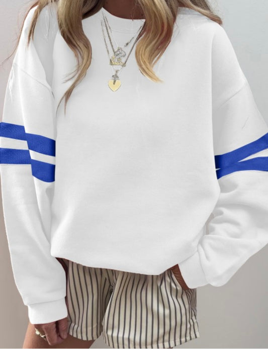 White varsity striped sweatshirt