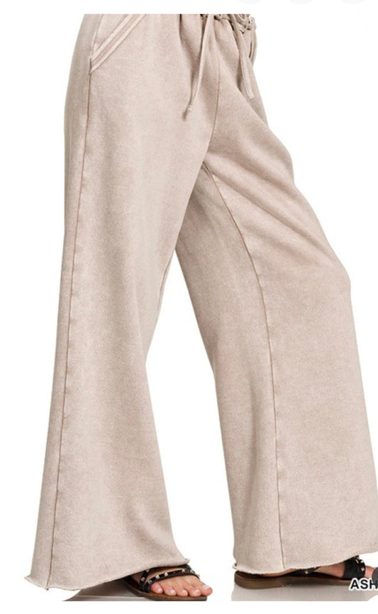 Mocha Acid Wash Fleece Lined Palazzo pants