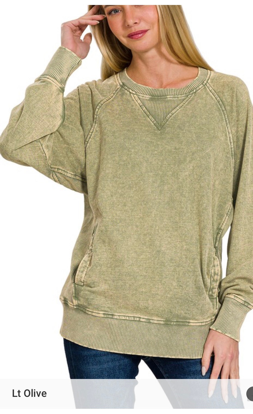 Olive Acid wash terry pullover