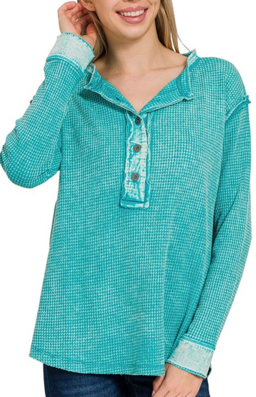 Teal washed baby waffle Henley top