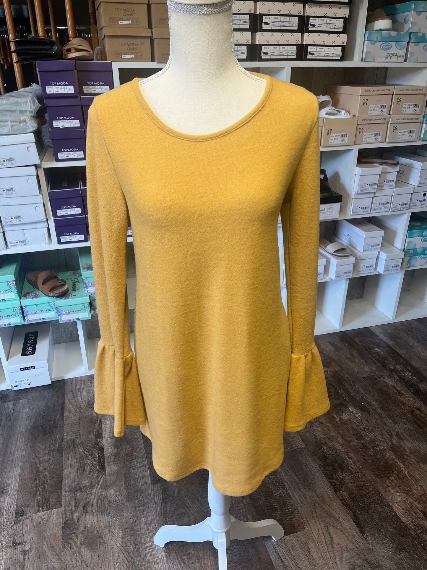 Mustard fleece bell sleeved top