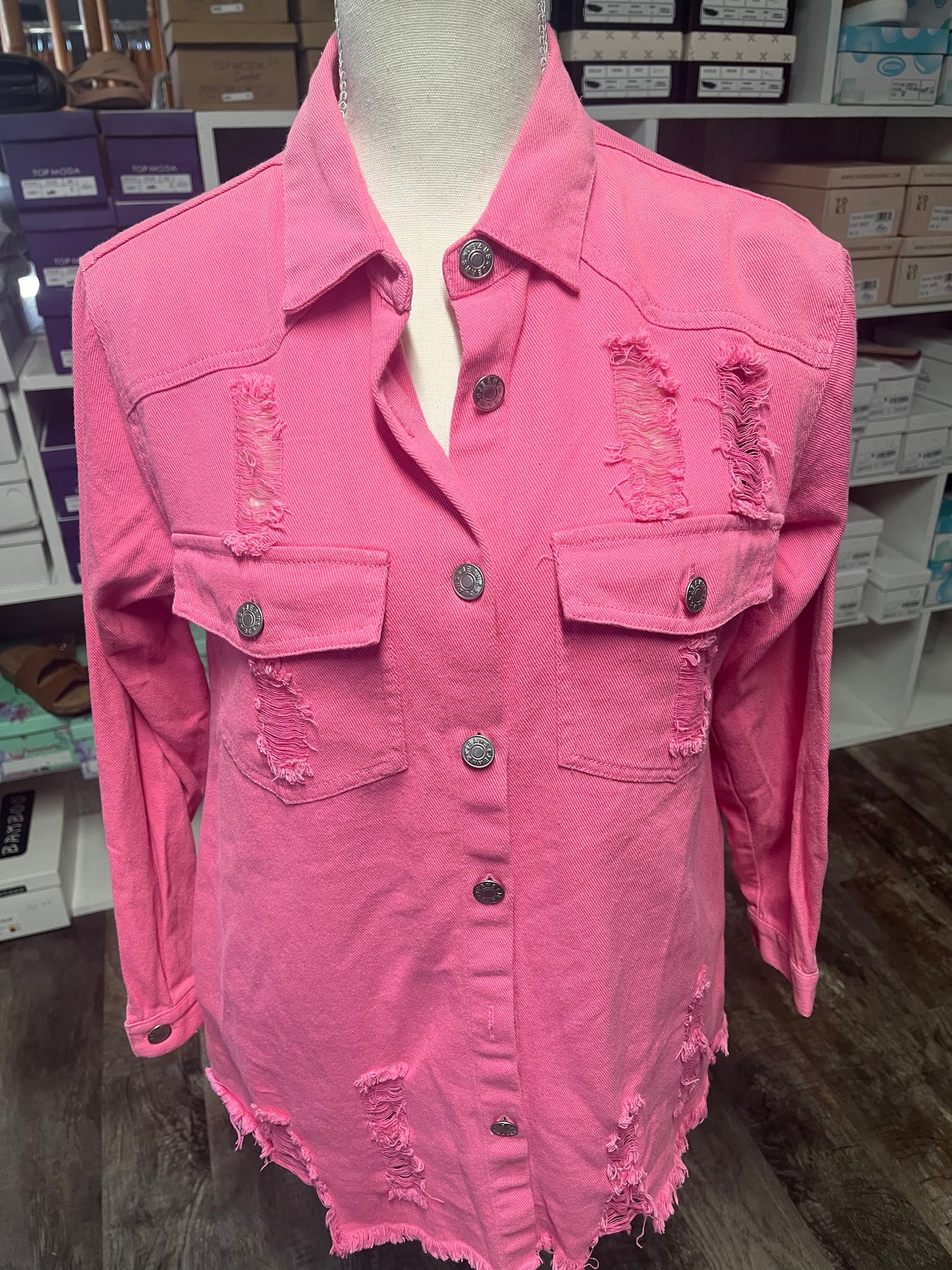 Pink distressed jeans shirt