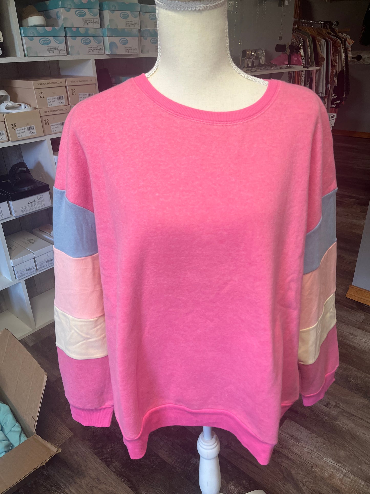 Pink striped sleeve sweatshirt