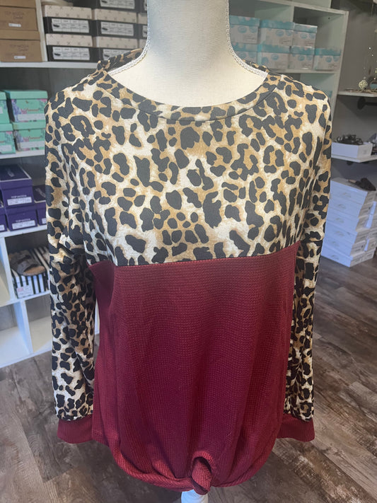 Maroon and leopard front tie top