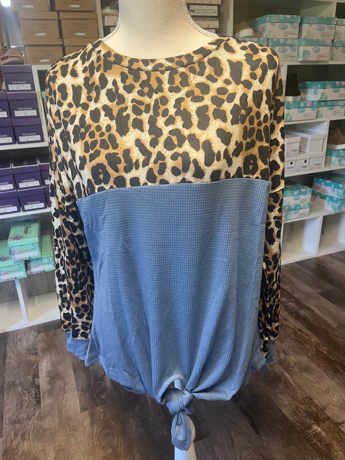 Leopard and blue tie front top