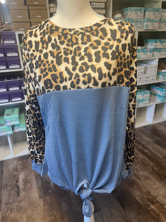 Leopard and blue tie front top