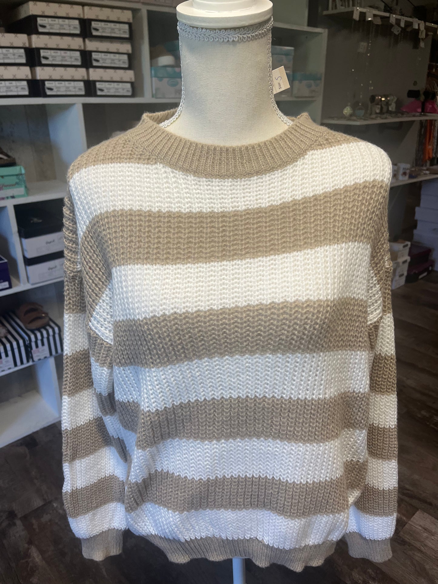 White and tan striped sweater