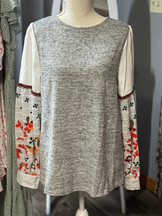 Heather Grey Floral Long Sleeve top with Keyhole Back